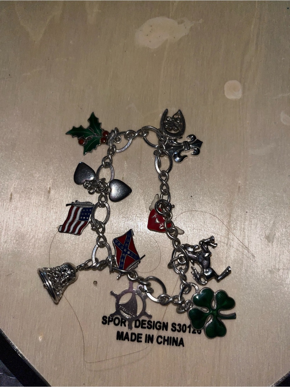 Girls Silver-Tone Charm Bracelet with Green Clover & Red Accents